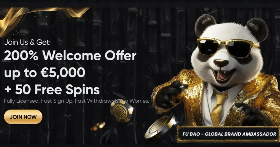 Bannerauglýsing fyrir Golden Panda Casino með textanum 200% Welcome Offer up to €5,000 + 50 Free Spins, pandapersónu í gulljakka með sólgleraugu og „Join Now“ hnappi á dökkum bakgrunni.