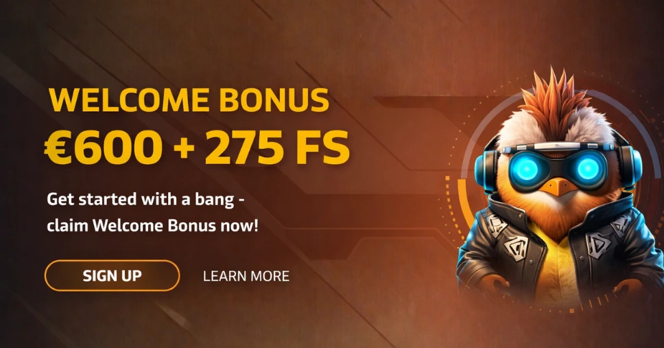 Bannerauglýsing fyrir Hugo Casino með textanum Welcome Bonus €600 + 275 FS á dökkum bakgrunni og teiknaðri fuglapersónu með gleraugu og heyrnartólum.
